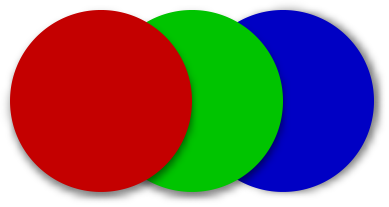 drei kreise hintereinander, zu 50% verdeckt in den Farben rot, gruen, blau